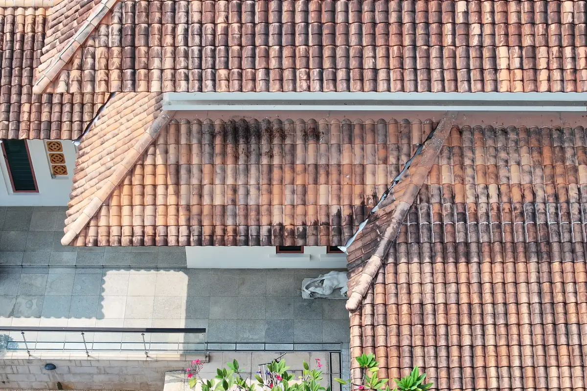Box gutter and eaves drainage detail captured by drone during a roof inspection in Singapore