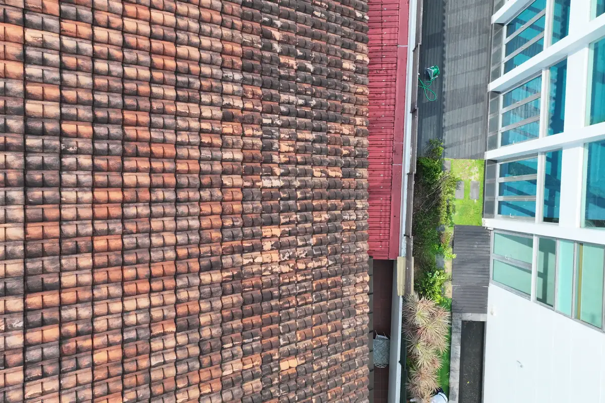 Clay roof tiles showing heavy algae and biological staining before drone soft wash cleaning in Singapore