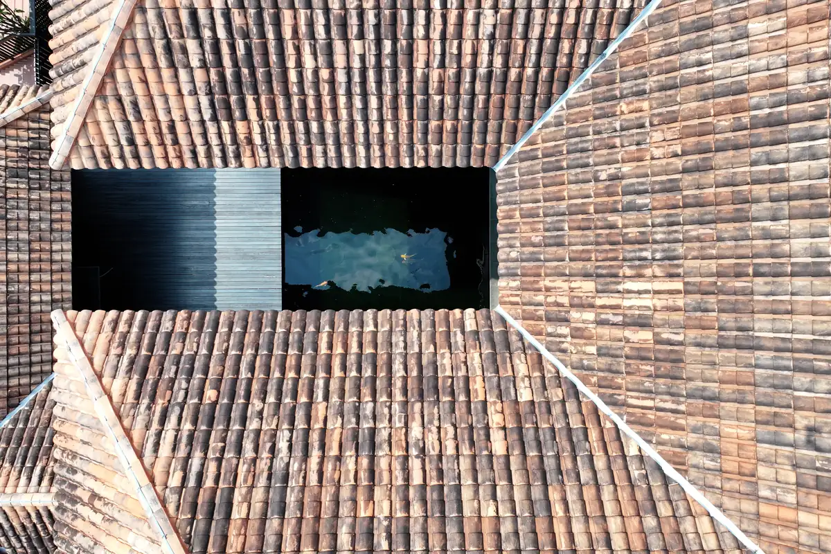 Overhead drone capture of roof planes and an internal courtyard during a roof survey in Singapore